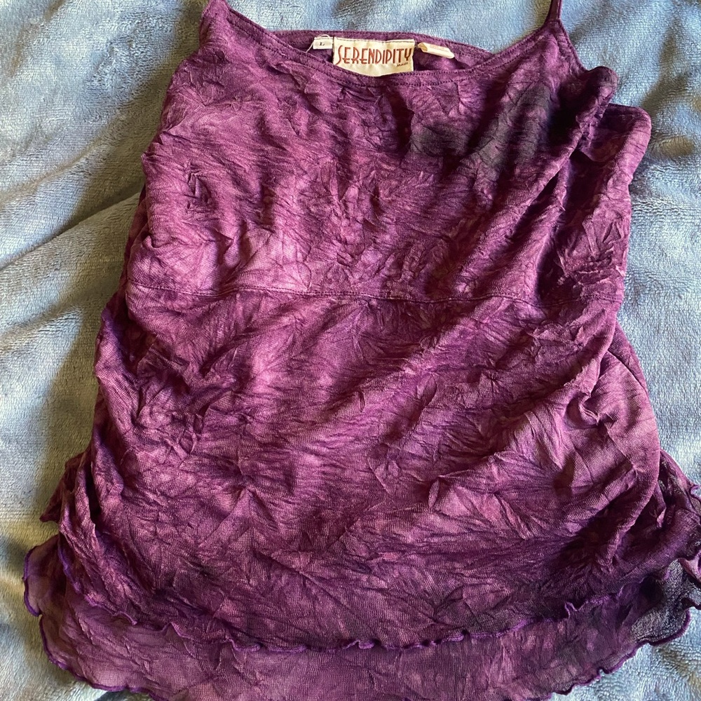 2/$15 Stretchy Purple Tie Dye Serendipity Maui Layered Mesh Ruffle Tank Vintage